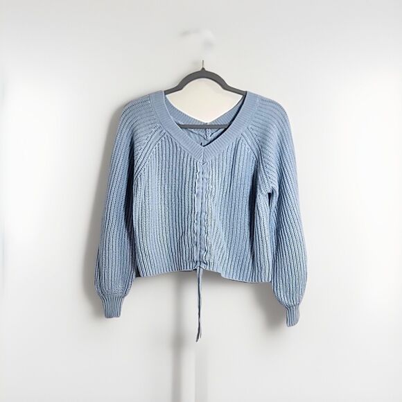 JOLIE & JOY Cropped V Neck Sweater with Drawstring Adjustable Hem Light Blue-S - Picture 3 of 10